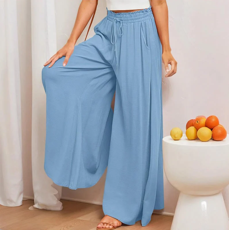 Olivenorma Einfarbige Palazzo-Hose für Damen mit hoher Taille und Taschen