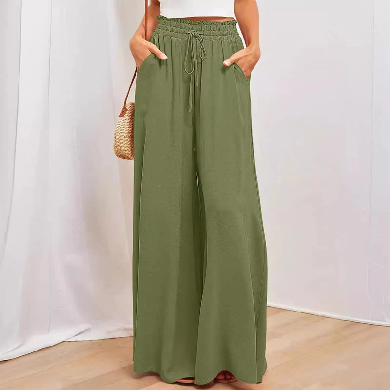 Olivenorma Einfarbige Palazzo-Hose für Damen mit hoher Taille und Taschen