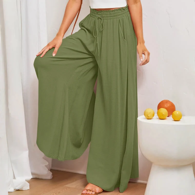 Olivenorma Einfarbige Palazzo-Hose für Damen mit hoher Taille und Taschen