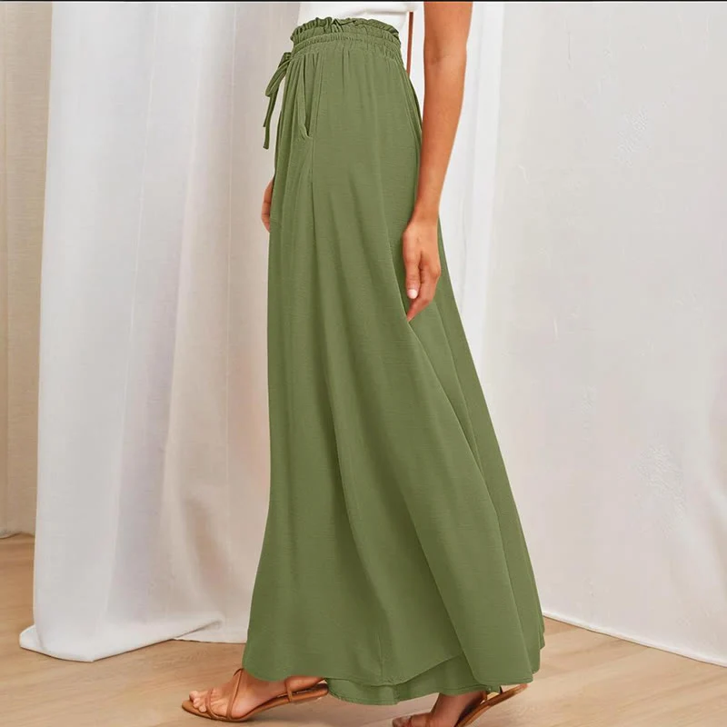 Olivenorma Einfarbige Palazzo-Hose für Damen mit hoher Taille und Taschen