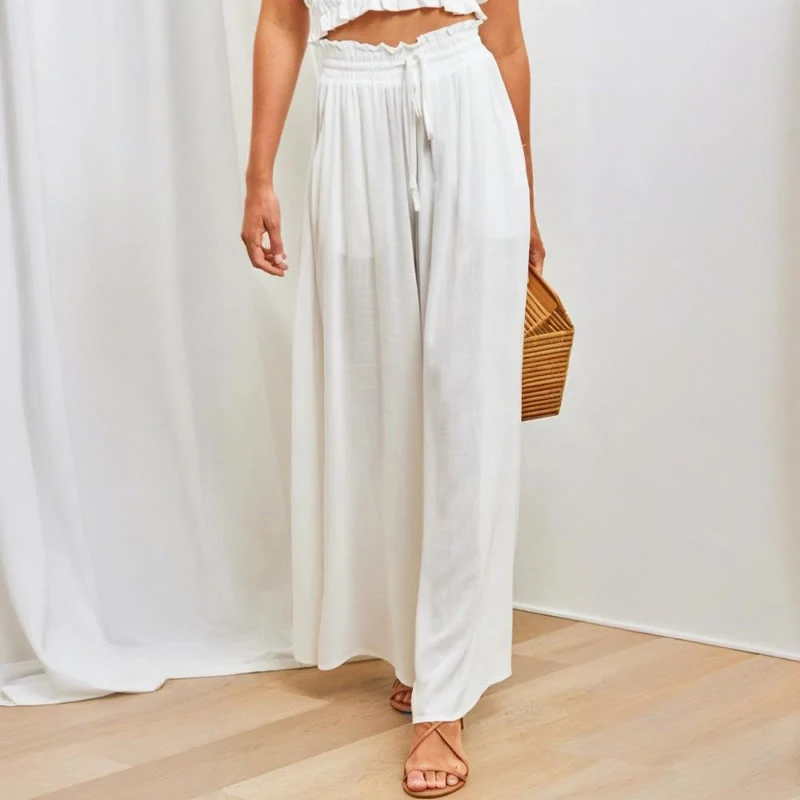 Olivenorma Einfarbige Palazzo-Hose für Damen mit hoher Taille und Taschen
