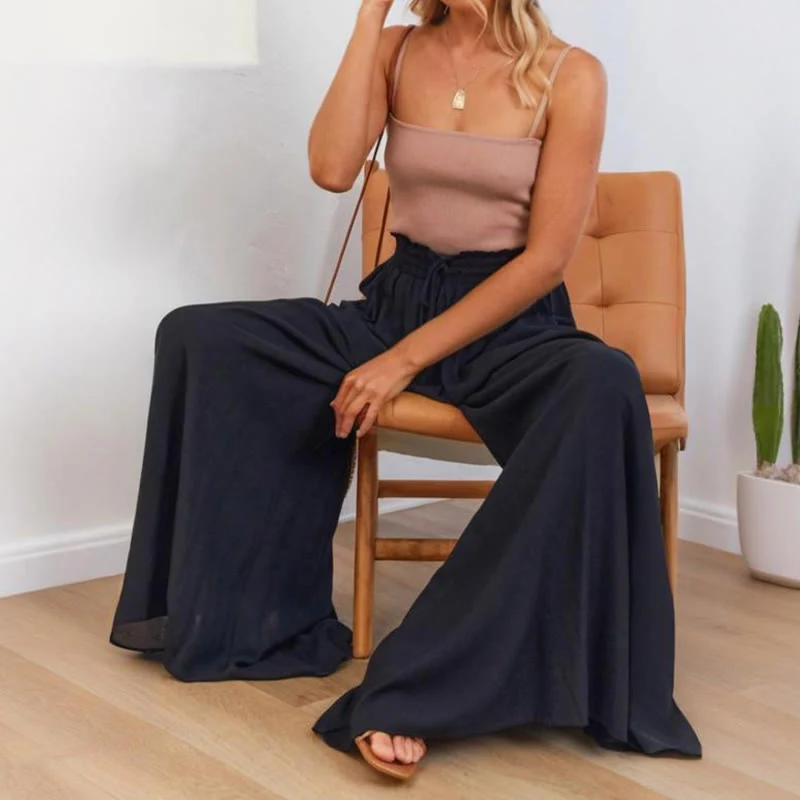 Olivenorma Einfarbige Palazzo-Hose für Damen mit hoher Taille und Taschen