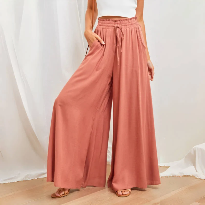 Olivenorma Einfarbige Palazzo-Hose für Damen mit hoher Taille und Taschen