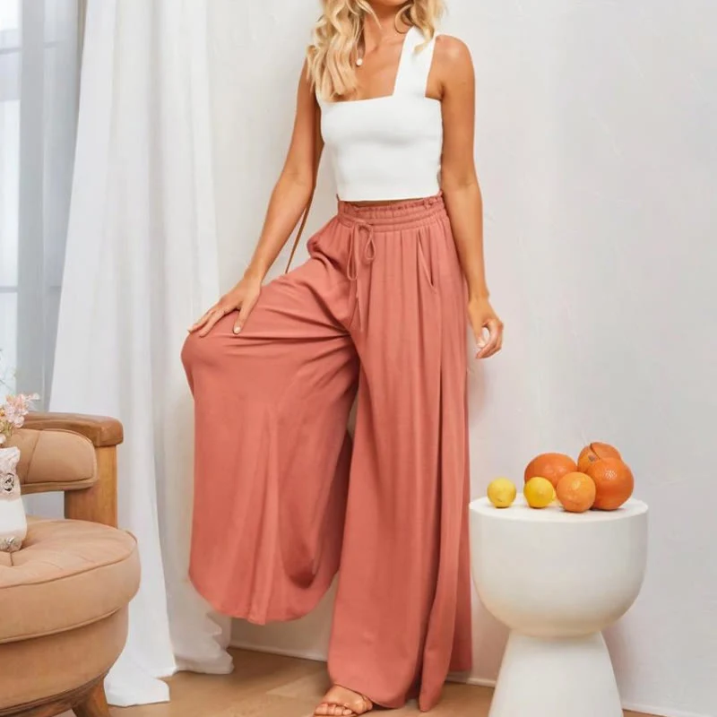 Olivenorma Einfarbige Palazzo-Hose für Damen mit hoher Taille und Taschen