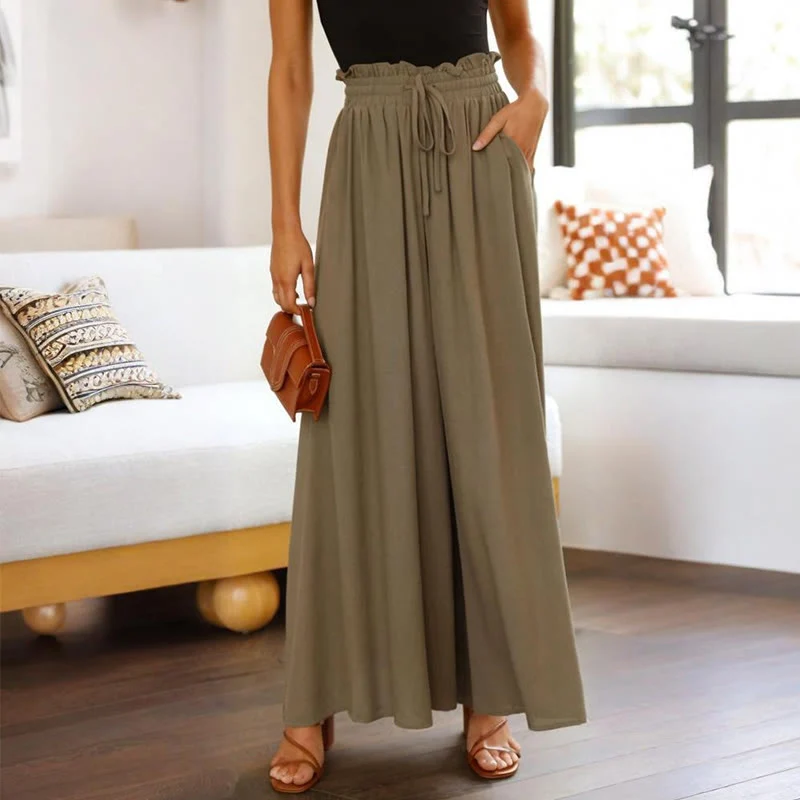 Olivenorma Einfarbige Palazzo-Hose für Damen mit hoher Taille und Taschen