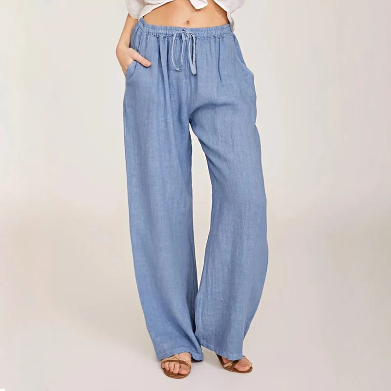 Olivenorma Damenhose aus Baumwollleinen mit weitem Bein