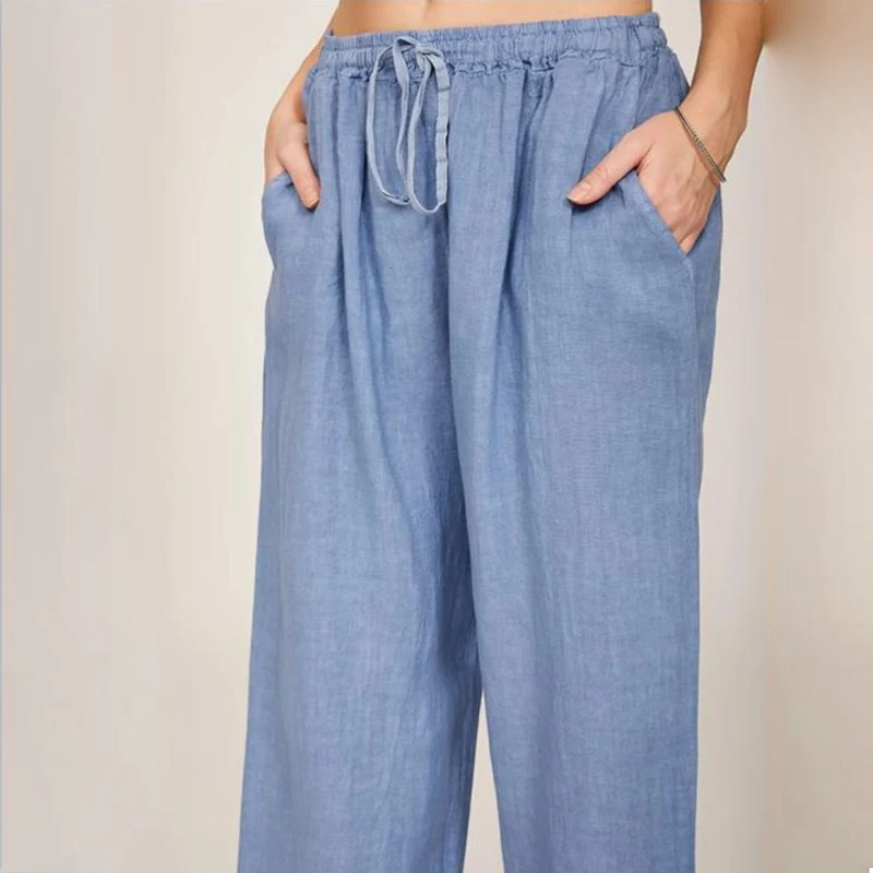 Olivenorma Damenhose aus Baumwollleinen mit weitem Bein