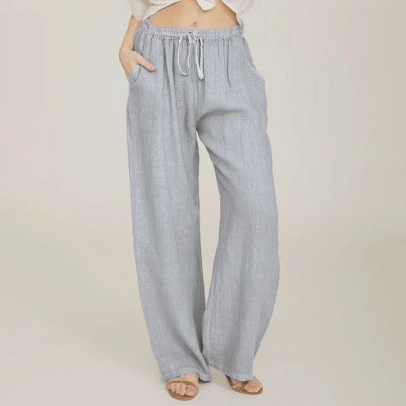 Olivenorma Damenhose aus Baumwollleinen mit weitem Bein