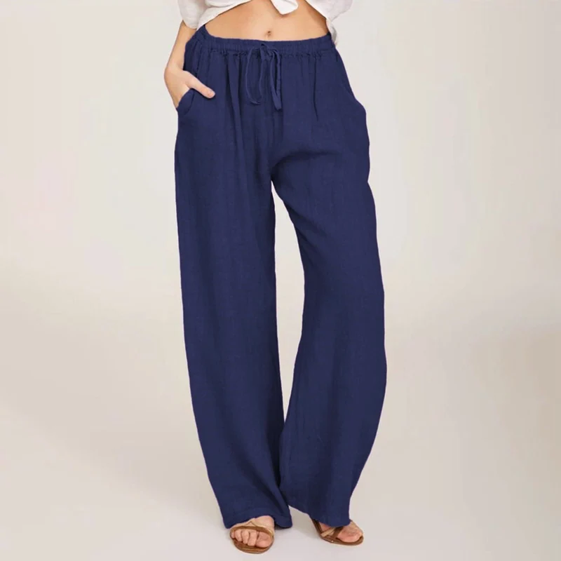 Olivenorma Damenhose aus Baumwollleinen mit weitem Bein