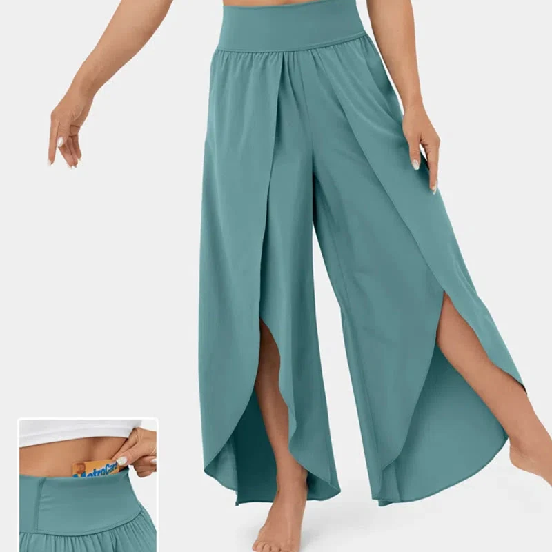 Olivenorma Damen-Yogahose mit lockerer Passform, Schlitz, Stretch-Schlagbein, elastischem Bund, bequem, flexibel und stylisch