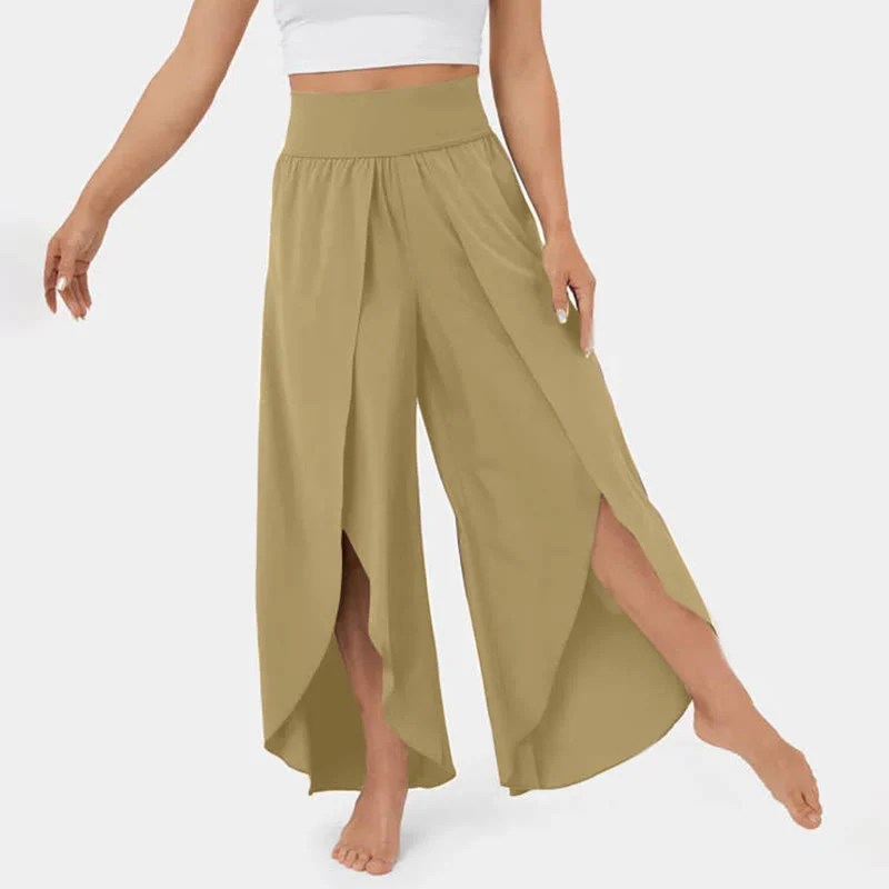 Olivenorma Damen-Yogahose mit lockerer Passform, Schlitz, Stretch-Schlagbein, elastischem Bund, bequem, flexibel und stylisch
