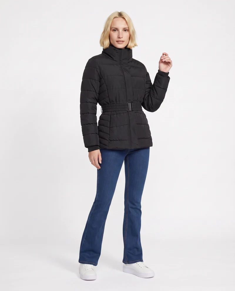 Giubbotto imbottito con cintura elastica - Nero