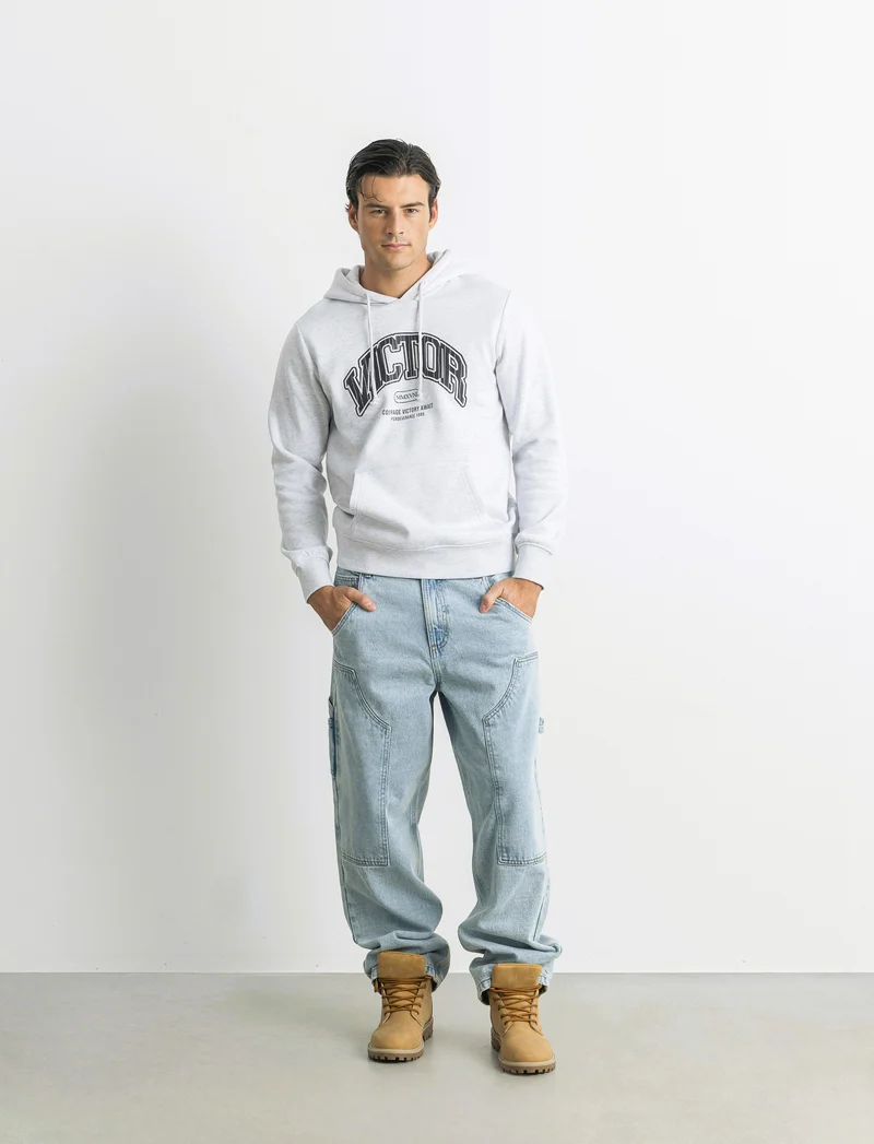 FELPA CON CAPPUCCIO CON STAMPA CRACK - Grigio melange