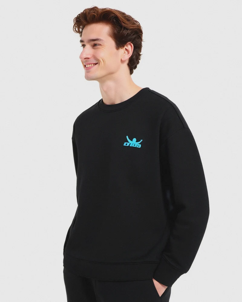 Felpa girocollo in misto cotone garzato relaxed fit. - Nero