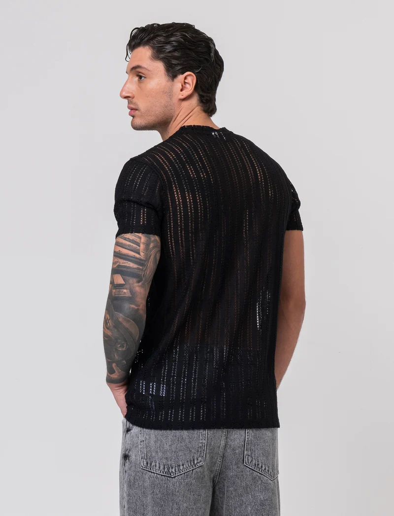 T-shirt in maglia crochet da uomo - Nero