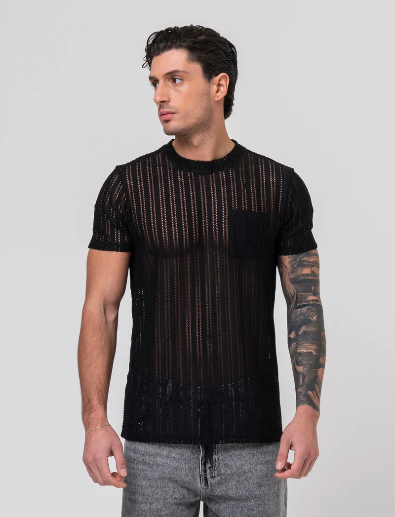 T-shirt in maglia crochet da uomo - Nero