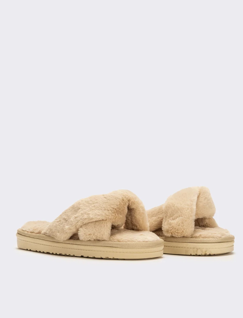 Pantofola aperta effetto furry da donna - Beige