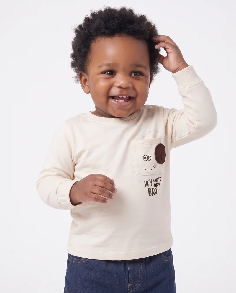 T-shirt girocollo con taschino e applicazione - Bianco latte