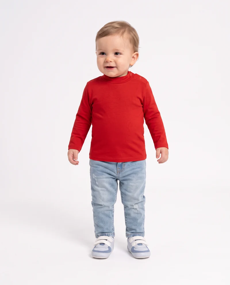 T-shirt interlock collo alto tinta unita - Rosso