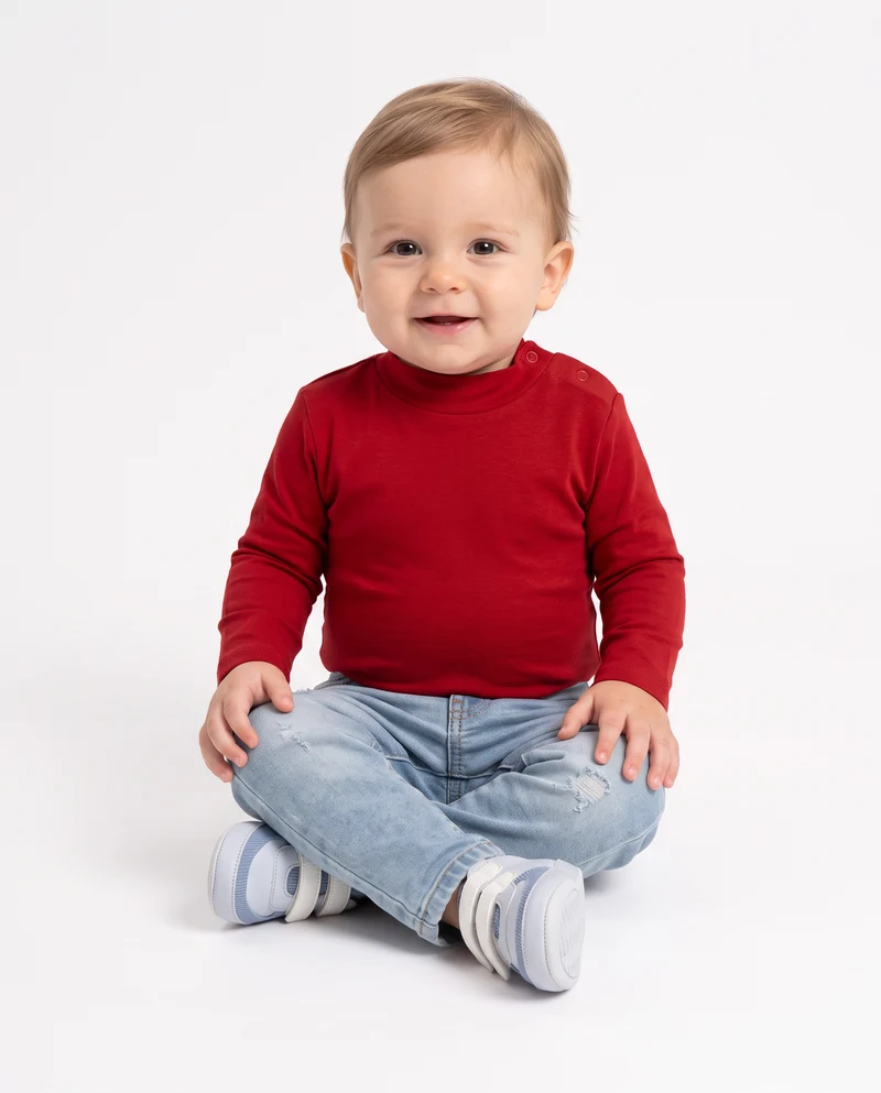 T-shirt interlock collo alto tinta unita - Rosso
