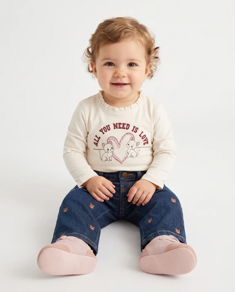 Maglietta manica lunga con strass e stampa - Bianco latte