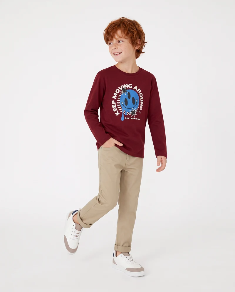T-shirt manica lunga in cotone con stampa - Bordeaux