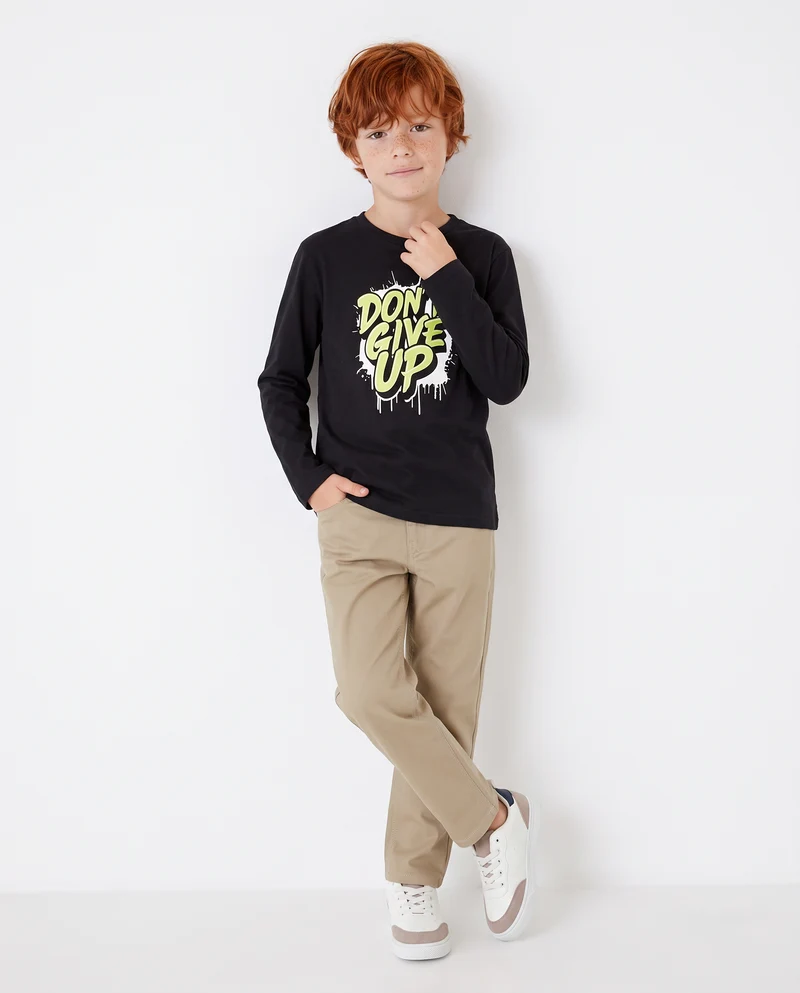 T-shirt manica lunga in cotone con stampa - Nero