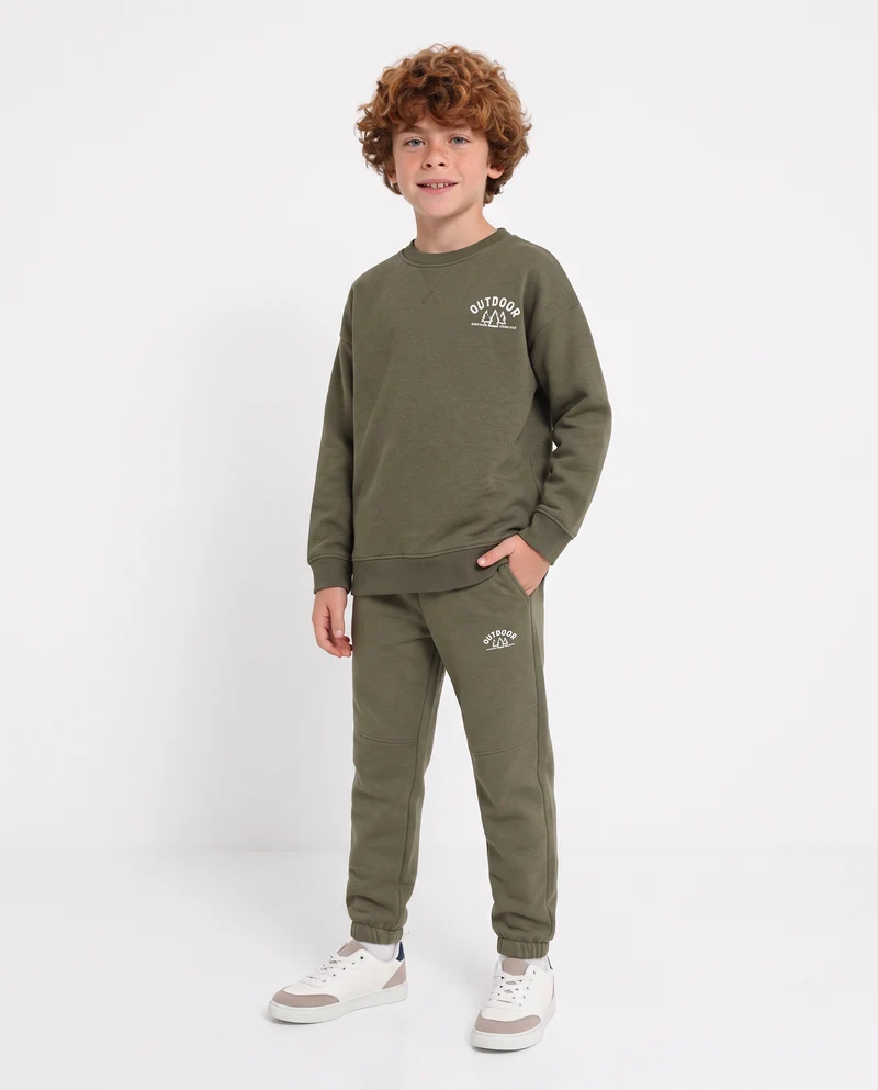 Felpa girocollo minimal con stampa e spacchetti - Verde militare