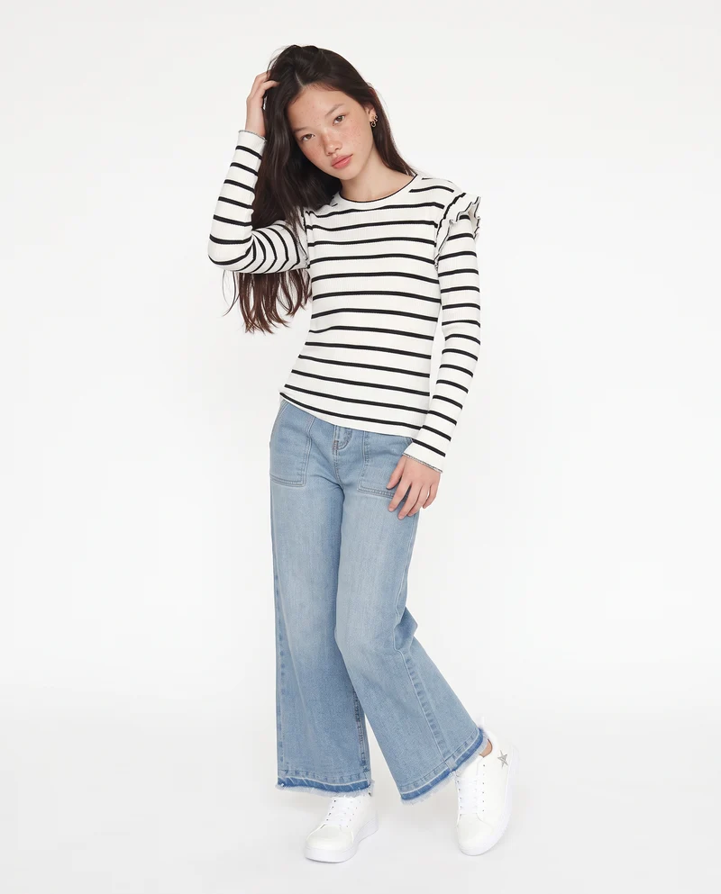 T-shirt a righe con rouches eleganti - Bianco-grigio