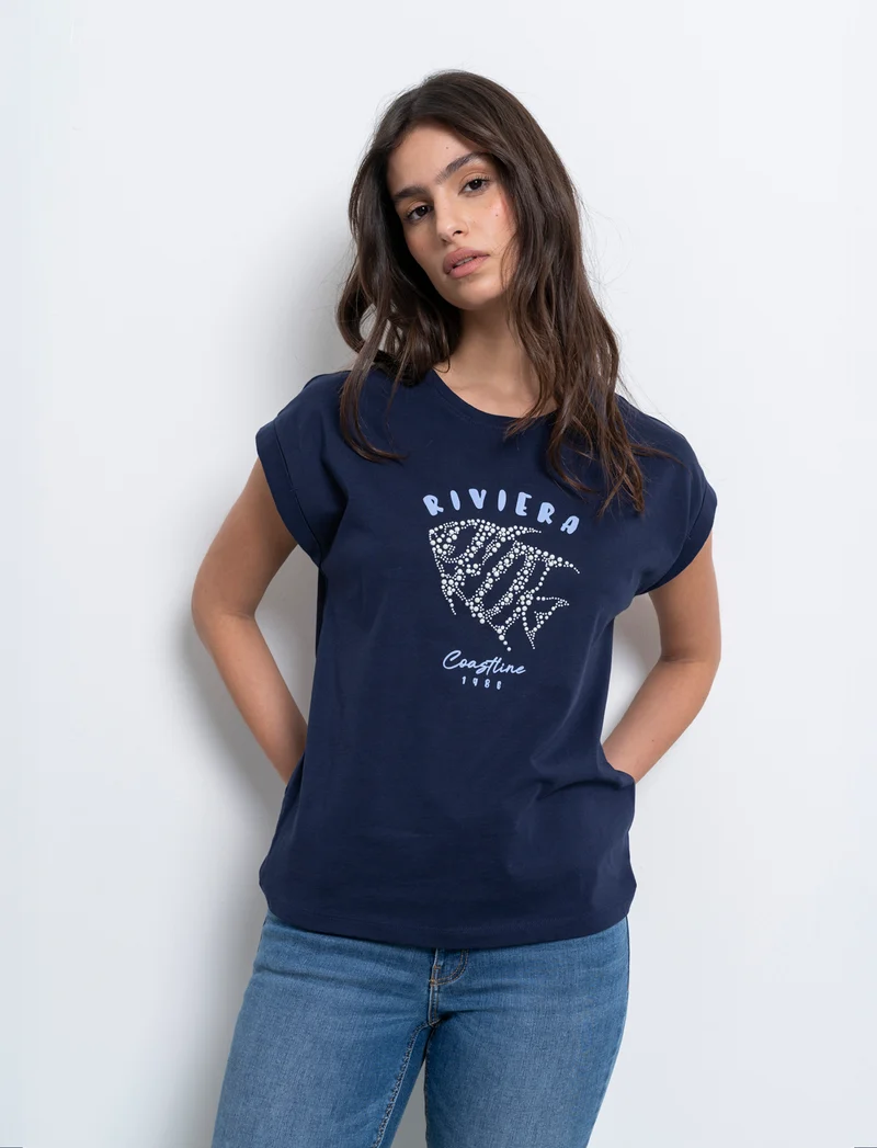 T-shirt con stampa e perline da donna - Blu