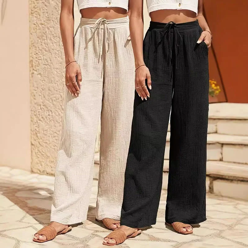 Olivenorma Einfarbige, lässige Sommerhose für Damen mit hoher Taille und Kordelzug und lockerer Passform