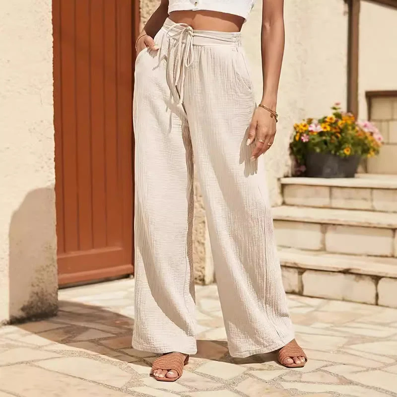 Olivenorma Einfarbige, lässige Sommerhose für Damen mit hoher Taille und Kordelzug und lockerer Passform