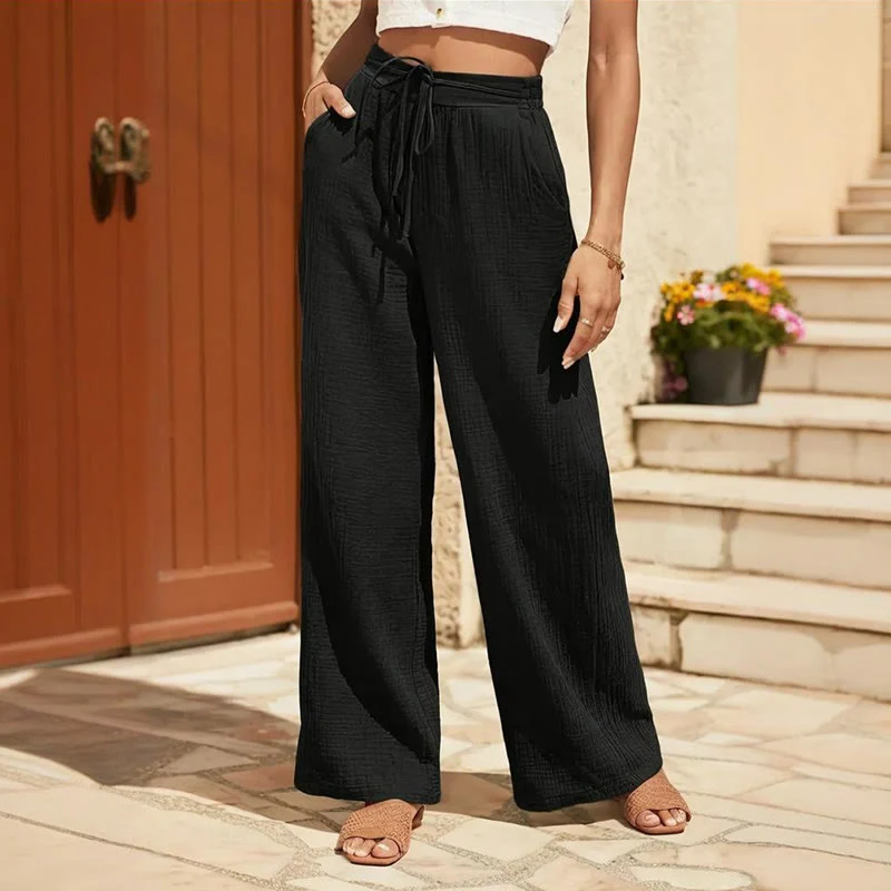Olivenorma Einfarbige, lässige Sommerhose für Damen mit hoher Taille und Kordelzug und lockerer Passform