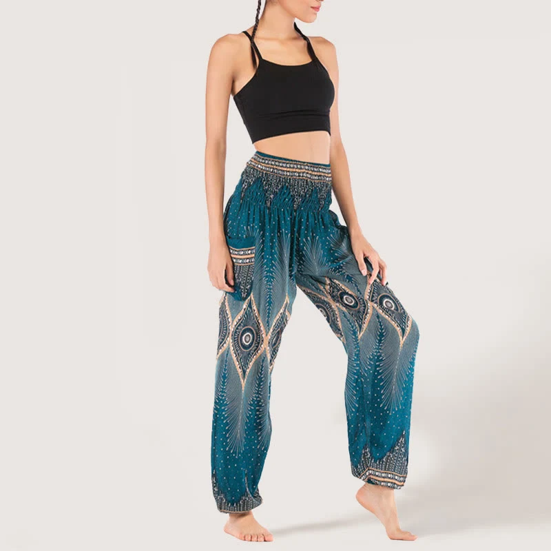 Olivenorma Boho Mandala Viskose Damen Haremshose mit elastischer Taille