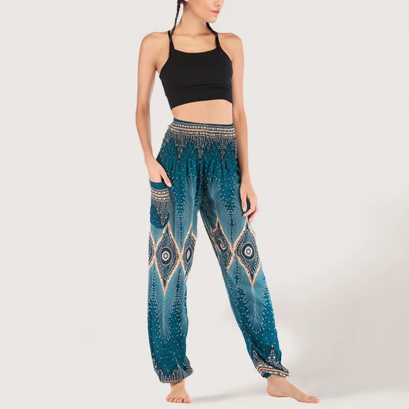 Olivenorma Boho Mandala Viskose Damen Haremshose mit elastischer Taille