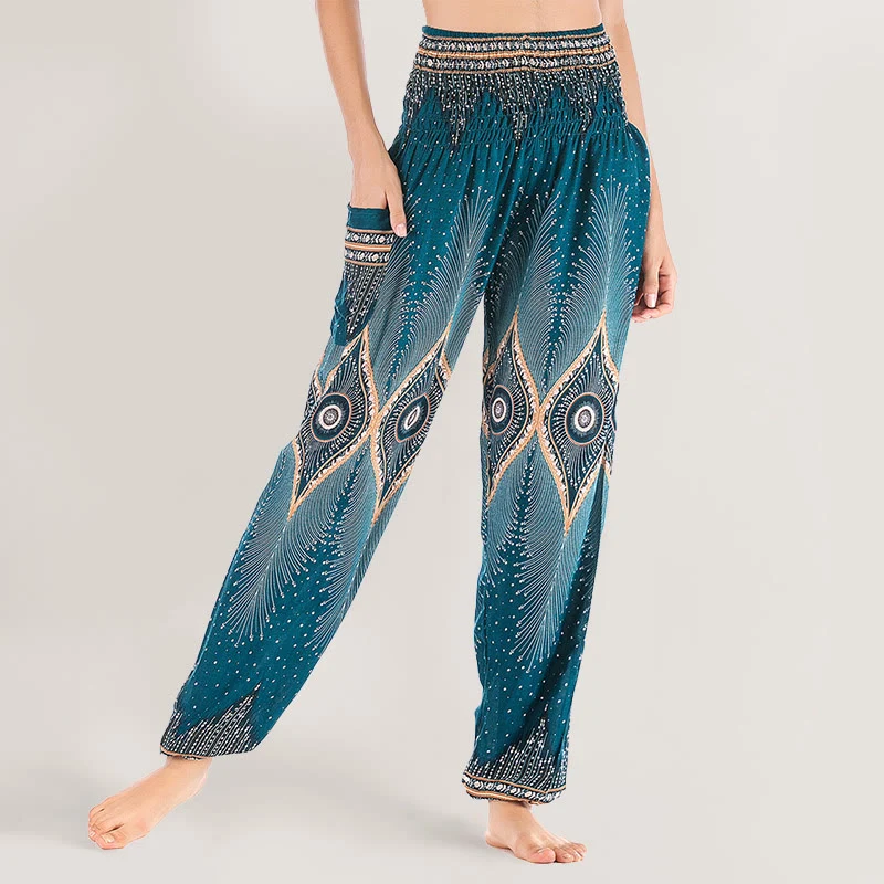 Olivenorma Boho Mandala Viskose Damen Haremshose mit elastischer Taille