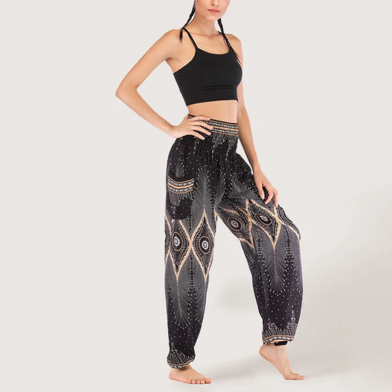 Olivenorma Boho Mandala Viskose Damen Haremshose mit elastischer Taille