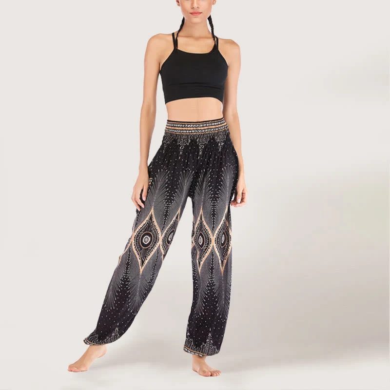 Olivenorma Boho Mandala Viskose Damen Haremshose mit elastischer Taille