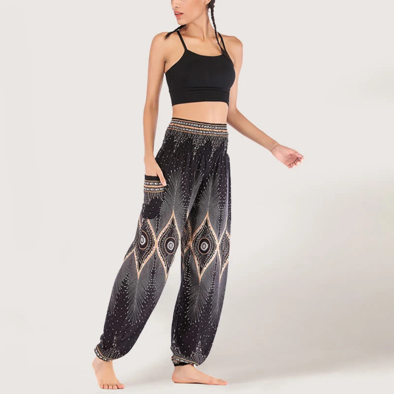 Olivenorma Boho Mandala Viskose Damen Haremshose mit elastischer Taille
