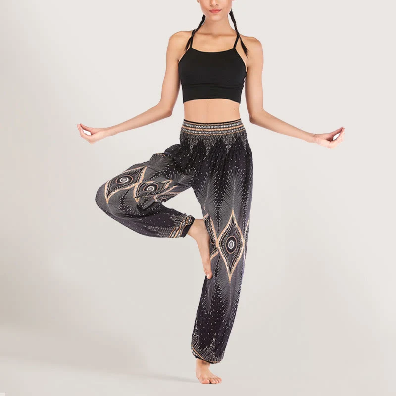 Olivenorma Boho Mandala Viskose Damen Haremshose mit elastischer Taille