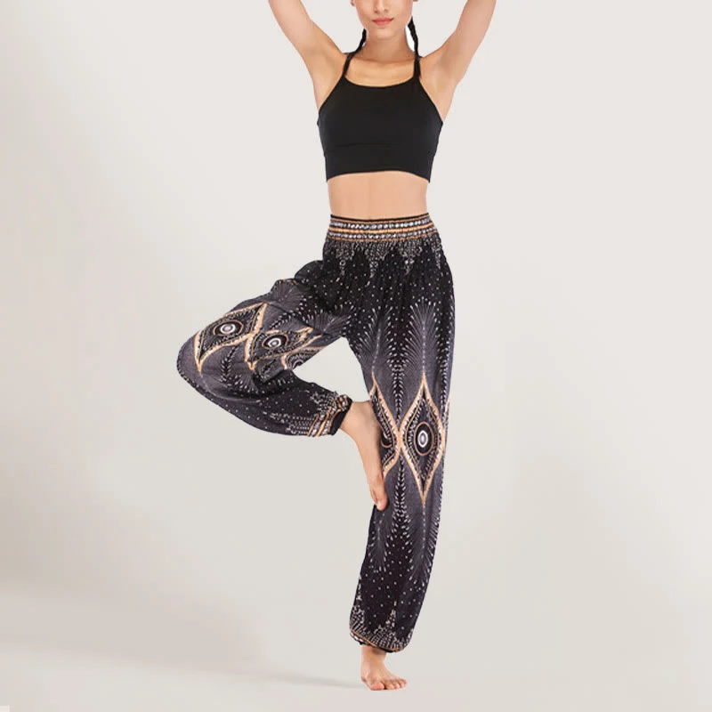 Olivenorma Boho Mandala Viskose Damen Haremshose mit elastischer Taille
