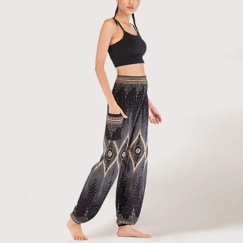 Olivenorma Boho Mandala Viskose Damen Haremshose mit elastischer Taille