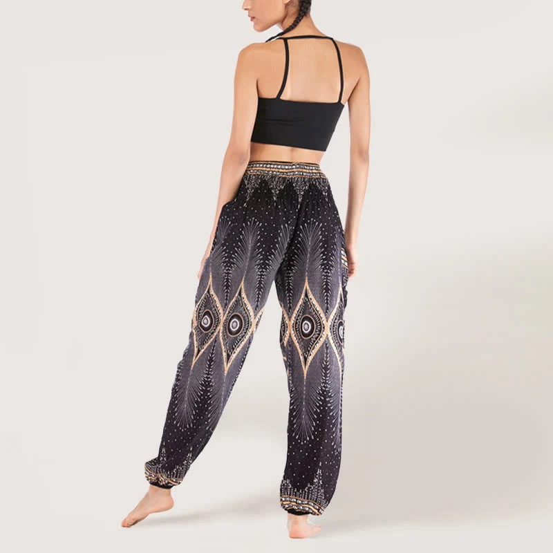 Olivenorma Boho Mandala Viskose Damen Haremshose mit elastischer Taille