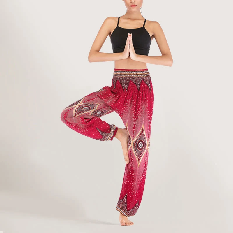 Olivenorma Boho Mandala Viskose Damen Haremshose mit elastischer Taille