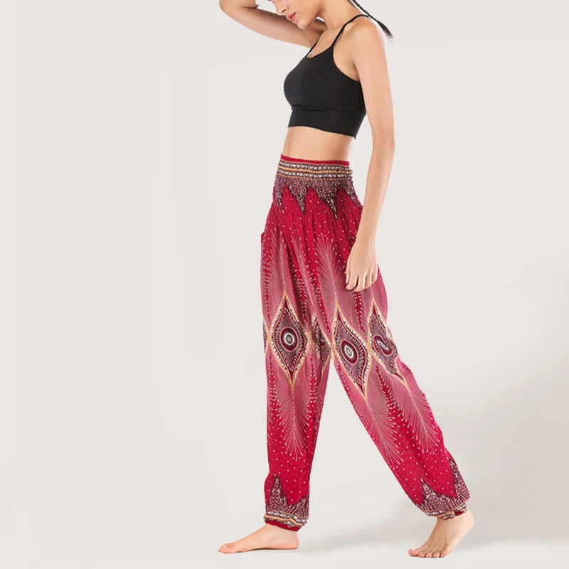 Olivenorma Boho Mandala Viskose Damen Haremshose mit elastischer Taille