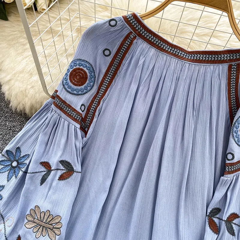 Olivenorma Vintage Damenhemd im europäischen Hofstil mit Stickerei