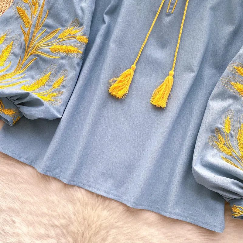 Olivenorma Damenhemd mit goldener Weizenähren-Stickerei