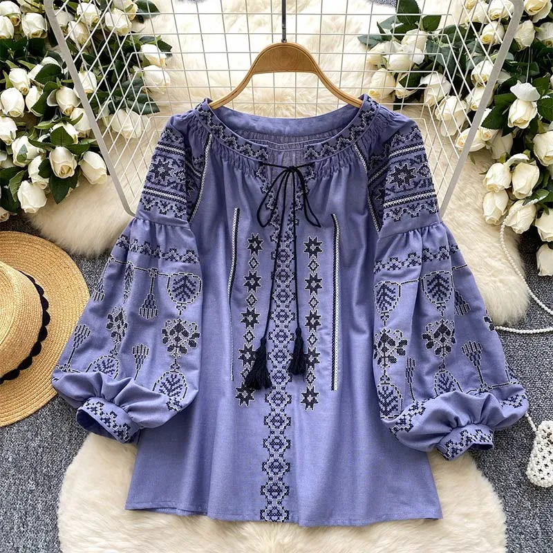Olivenorma Boho Style Demokratische Stickerei Damen Shirt