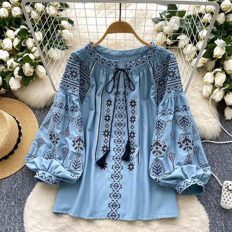 Olivenorma Boho Style Demokratische Stickerei Damen Shirt