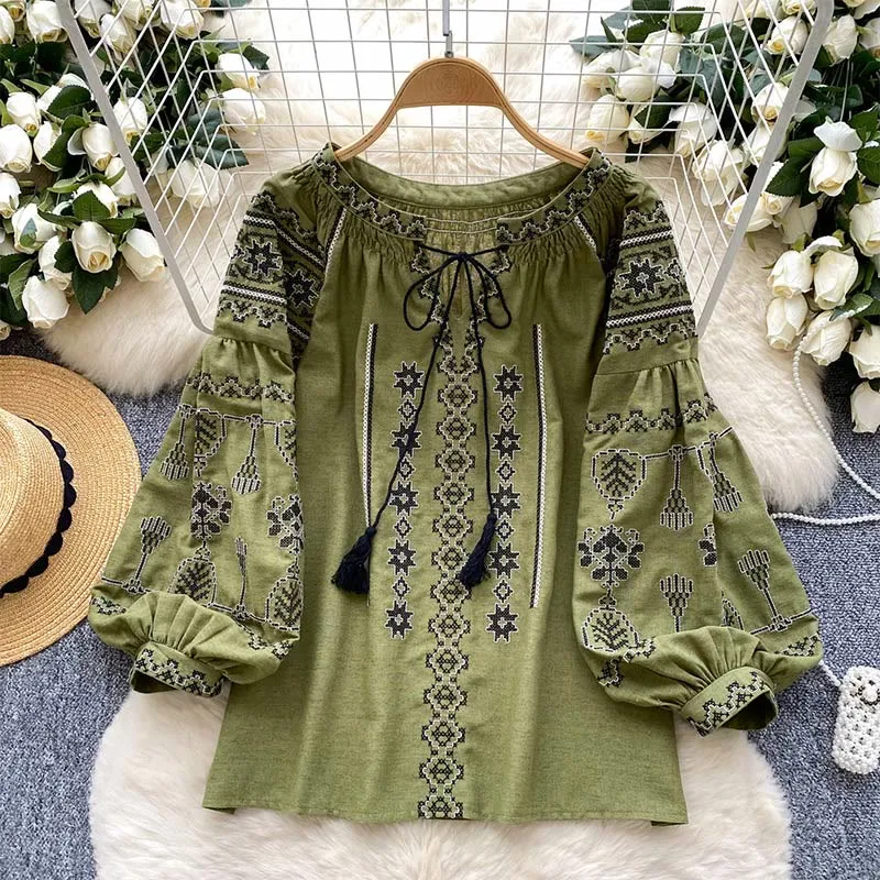 Olivenorma Boho Style Demokratische Stickerei Damen Shirt